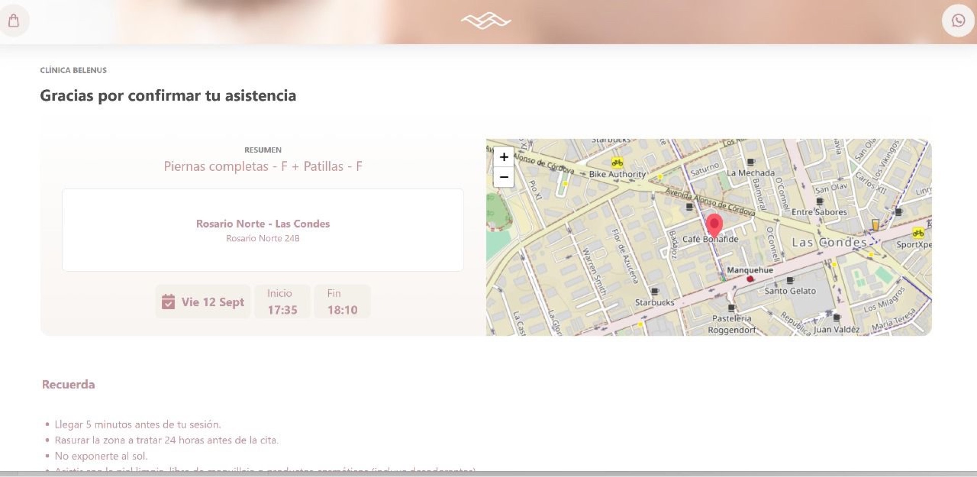 Pantalla de confirmación de cita reagendada — Clínica Belenus